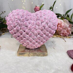 Resin Pink Embossed Roses Heart Shape Gold Base Figure Valentine's Decor RARE